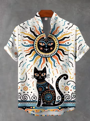 Men’s Summer Linen Shirt – Casual Short Sleeve Button-Up with Irregular Print