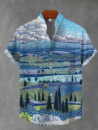 Men’s Summer Linen Shirt – Casual Short Sleeve Button-Up with Irregular Print