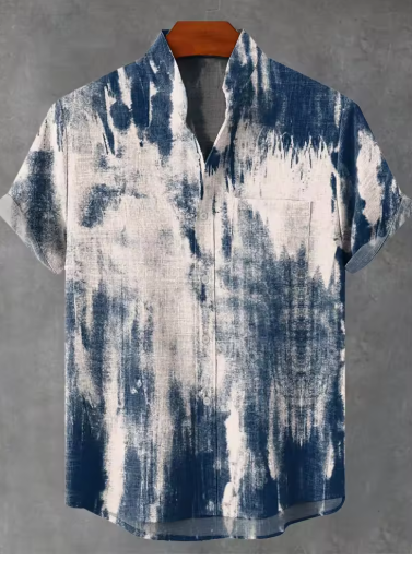 Men’s Summer Linen Shirt – Casual Short Sleeve Button-Up with Irregular Print