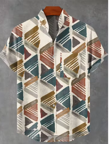 Men’s Summer Linen Shirt – Casual Short Sleeve Button-Up with Irregular Print