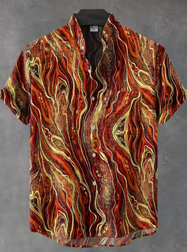 Men’s Summer Linen Shirt – Casual Short Sleeve Button-Up with Irregular Print