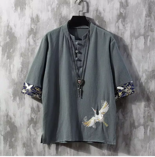 Men’s Chinese-Style Embroidered T-Shirt – Cotton Linen Tang Suit with Half Sleeves