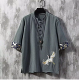 Men’s Chinese-Style Embroidered T-Shirt – Cotton Linen Tang Suit with Half Sleeves