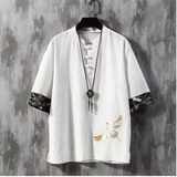 Men’s Chinese-Style Embroidered T-Shirt – Cotton Linen Tang Suit with Half Sleeves