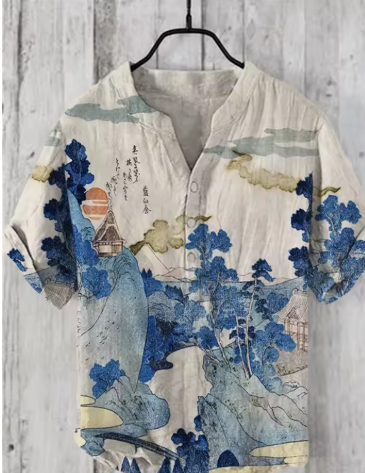 Elegant Men's Summer 3D Printed V-Neck Shirt – Short Sleeve, Comfortable Holiday Fashion, S-5XL