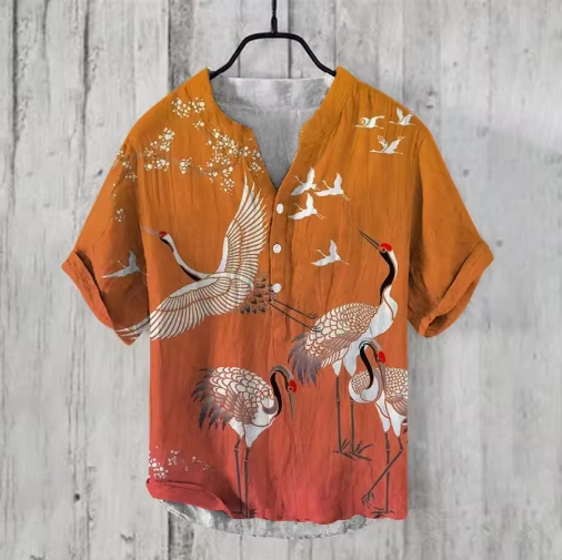 New Men's Summer Linen Shirt – Casual 3D Swan Print, Short Sleeve, S-5XL