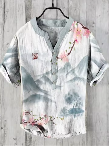 New Men's Summer Linen Shirt – Casual 3D Swan Print, Short Sleeve, S-5XL