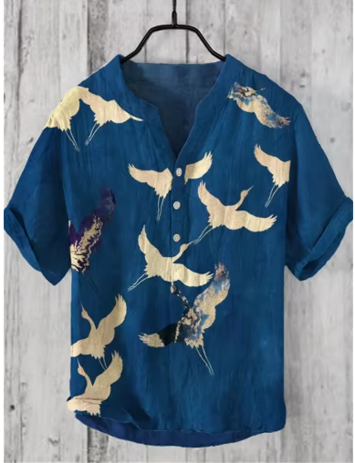 New Men's Summer Linen Shirt – Casual 3D Swan Print, Short Sleeve, S-5XL