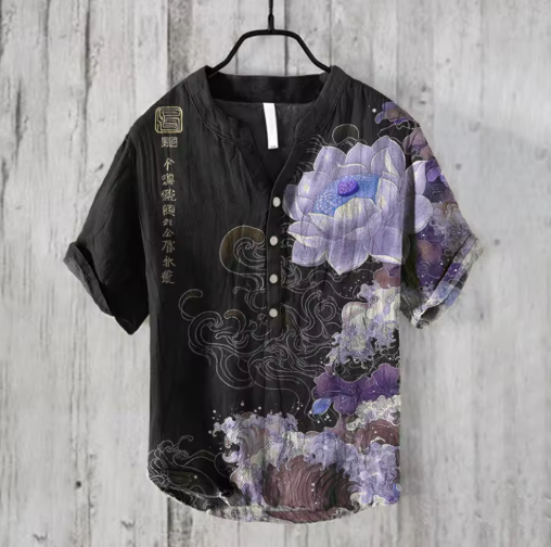 Men’s Linen Short Sleeve Shirt – Casual Loose Fit, Chinese V-Neck Style