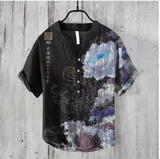Men’s Linen Short Sleeve Shirt – Casual Loose Fit, Chinese V-Neck Style