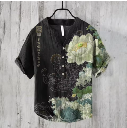 Men’s Linen Short Sleeve Shirt – Casual Loose Fit, Chinese V-Neck Style