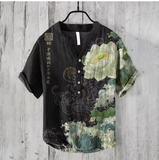 Men’s Linen Short Sleeve Shirt – Casual Loose Fit, Chinese V-Neck Style