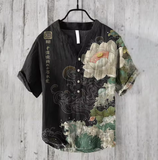 Men’s Linen Short Sleeve Shirt – Casual Loose Fit, Chinese V-Neck Style