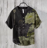 Men’s Linen Short Sleeve Shirt – Casual Loose Fit, Chinese V-Neck Style