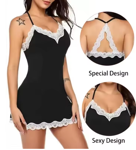 Women's Silk Deep V-Neck Nightdress with Lace – Sleeveless & Elegant