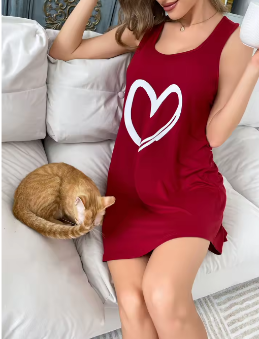 Sleeveless Love Print Nightdress – Casual and Comfortable Homewear