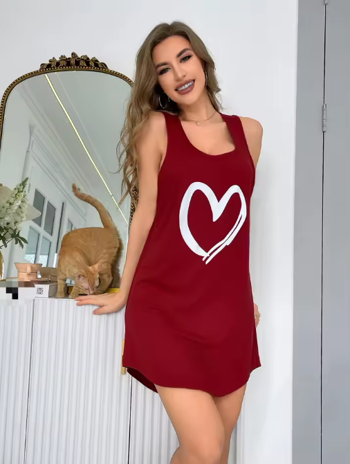 Sleeveless Love Print Nightdress – Casual and Comfortable Homewear