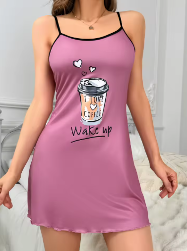 Women's Halter Pajama Dress – Cute Coffee Print Nightdress | Casual Homewear