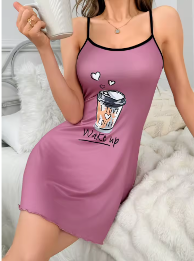 Women's Halter Pajama Dress – Cute Coffee Print Nightdress | Casual Homewear