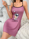 Women's Halter Pajama Dress – Cute Coffee Print Nightdress | Casual Homewear