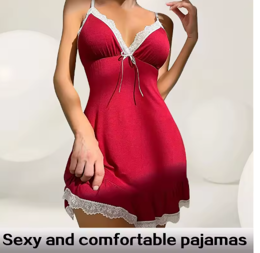 Elegant Lace Nightdress with Deep V-Neck and Bow Detail