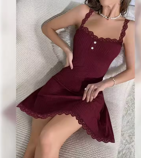 Summer Ribbed Nightgown – Elegant Lace-Trim Sleep Dress