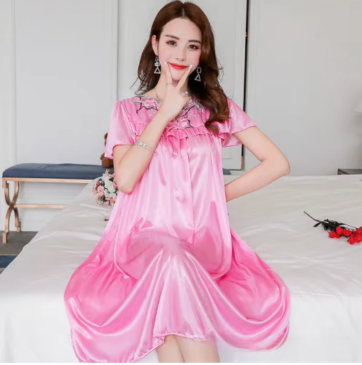 Silky Elegance – Soft V-Neck Sleepwear Dress with Lace-Up Detail