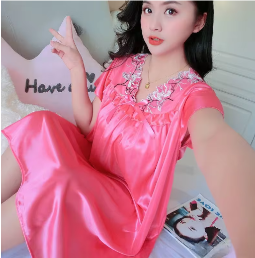 Silky Elegance – Soft V-Neck Sleepwear Dress with Lace-Up Detail