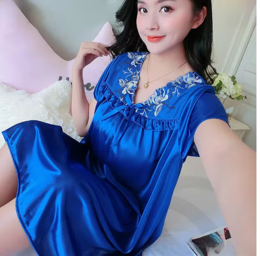 Silky Elegance – Soft V-Neck Sleepwear Dress with Lace-Up Detail