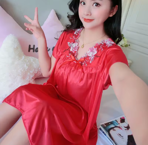 Silky Elegance – Soft V-Neck Sleepwear Dress with Lace-Up Detail