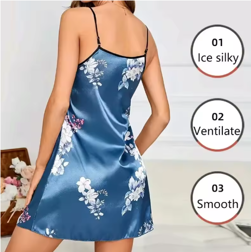 Blue Floral Dream – Ice-Silky Summer Slip Nightdress