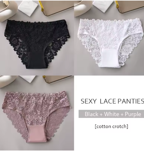 3PCS Luxury Floral Lace Embroidered Panties – Sexy, Breathable & Elegant Women's Underwear