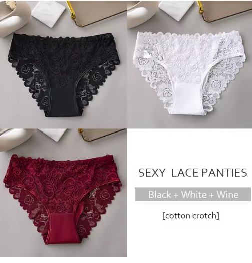 3PCS Luxury Floral Lace Embroidered Panties – Sexy, Breathable & Elegant Women's Underwear