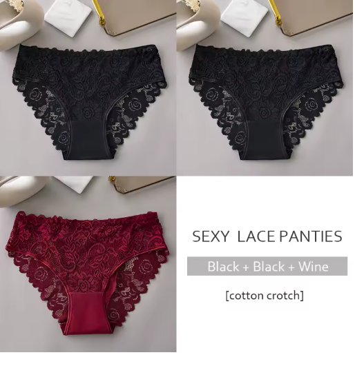 3PCS Luxury Floral Lace Embroidered Panties – Sexy, Breathable & Elegant Women's Underwear