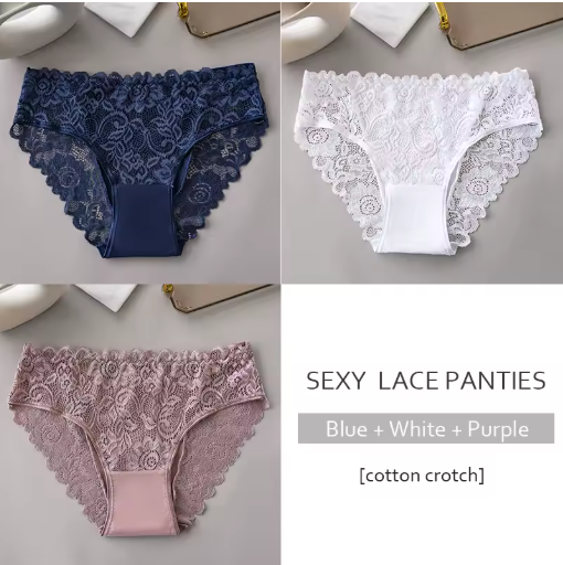 3PCS Luxury Floral Lace Embroidered Panties – Sexy, Breathable & Elegant Women's Underwear