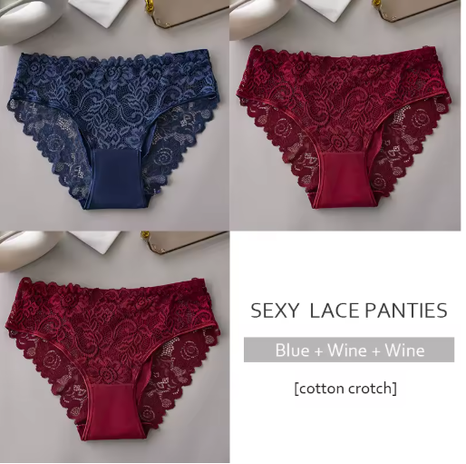 3PCS Luxury Floral Lace Embroidered Panties – Sexy, Breathable & Elegant Women's Underwear