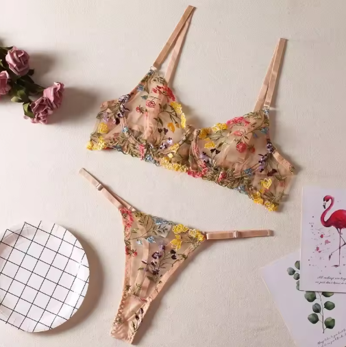 Floral Embroidered Sheer Lingerie Set – Boho Style Bra & Panty