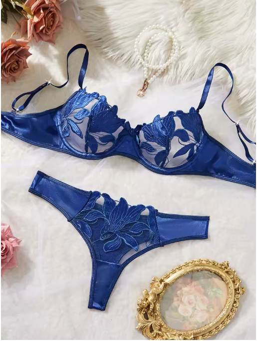 Blue Floral Bra & Panty Set – Sexy Two-Piece Lingerie with Straps