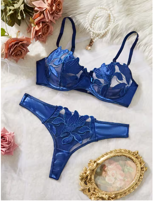 Blue Floral Bra & Panty Set – Sexy Two-Piece Lingerie with Straps