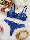 Blue Floral Bra & Panty Set – Sexy Two-Piece Lingerie with Straps