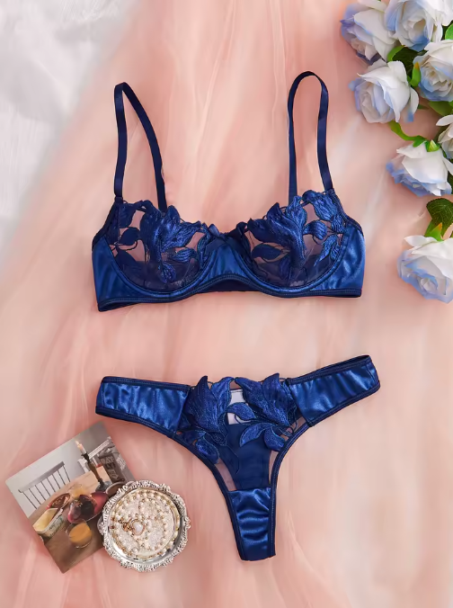 Blue Floral Bra & Panty Set – Sexy Two-Piece Lingerie with Straps