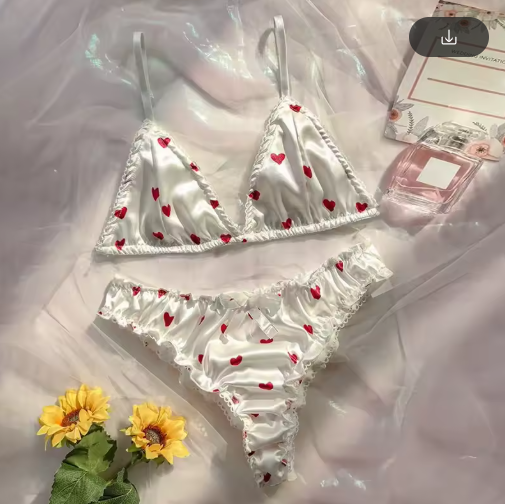 Women's Satin Heart Print Lingerie Set – Wire-Free Bra & Panty