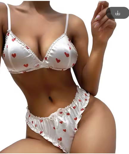 Women's Satin Heart Print Lingerie Set – Wire-Free Bra & Panty