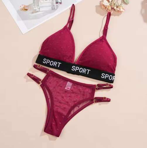 Women's 2-Piece Polka Dot Lace Lingerie Set – Wireless Push-Up Bra & Brazilian Panties