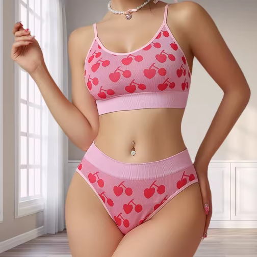 2pcs Seamless Women's Underwear Set – Breathable Bra & Panty with Cute Cherry Design