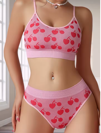 2pcs Seamless Women's Underwear Set – Breathable Bra & Panty with Cute Cherry Design