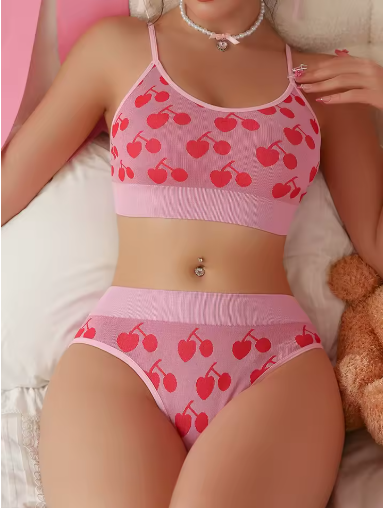 2pcs Seamless Women's Underwear Set – Breathable Bra & Panty with Cute Cherry Design