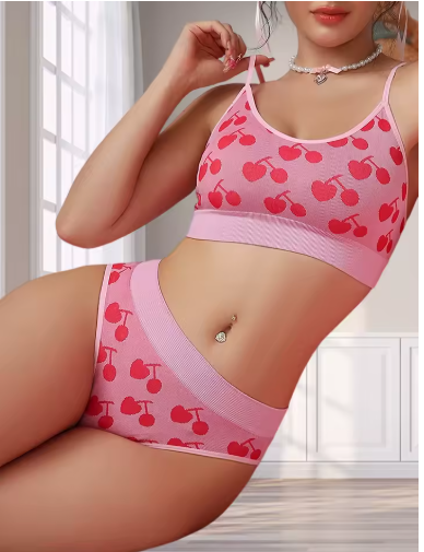 2pcs Seamless Women's Underwear Set – Breathable Bra & Panty with Cute Cherry Design
