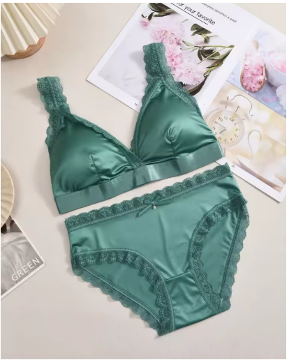 FINETOO Ice Silk Lingerie Set – Soft Bralette & Lace-Trimmed Panties