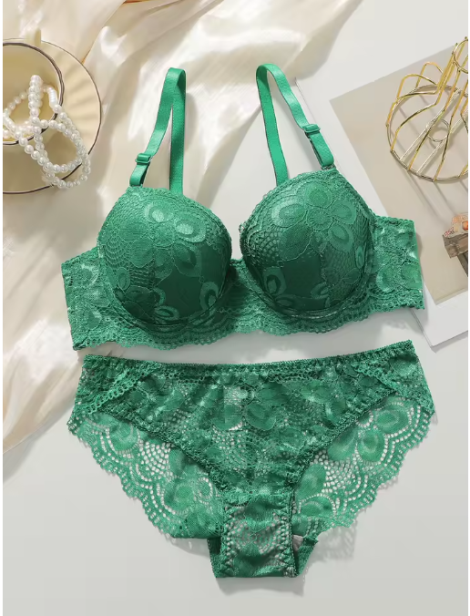 Stylish Green 2-Piece Women’s Underwear Set – Gathered Push-Up Bra with Steel Support